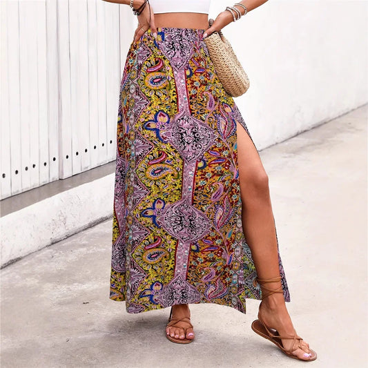 Bohemian Boho Retro Floral Print Skirts  High Waist - DreadLocos Shop
