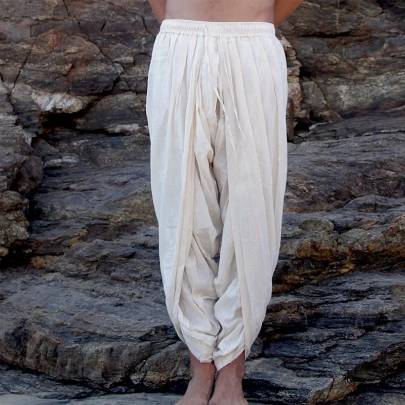 Men's Casual loose White Pleated Pants Drawstring Bound