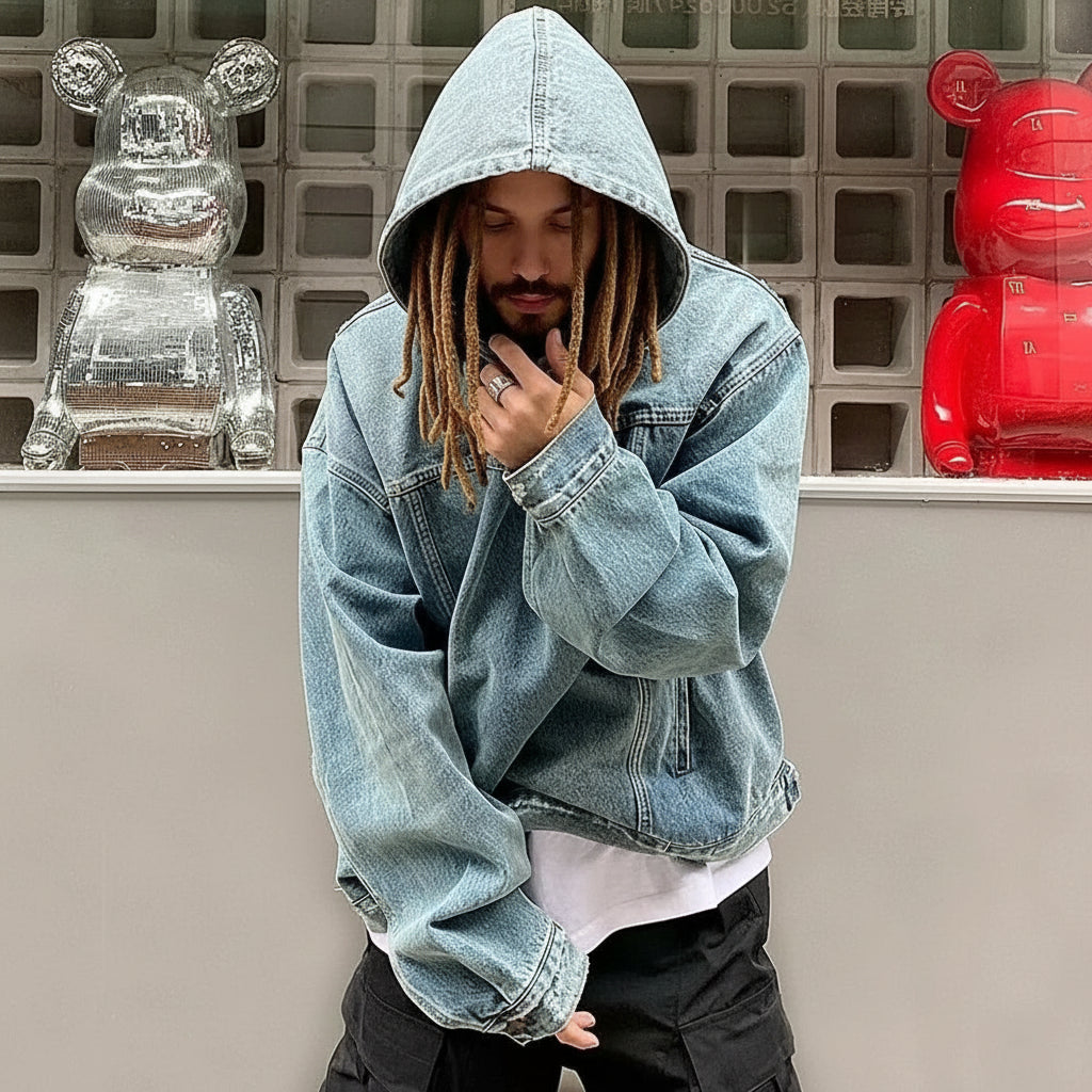 Mens Denim Washed Distressed Retro Hoodie - DreadLocos Shop