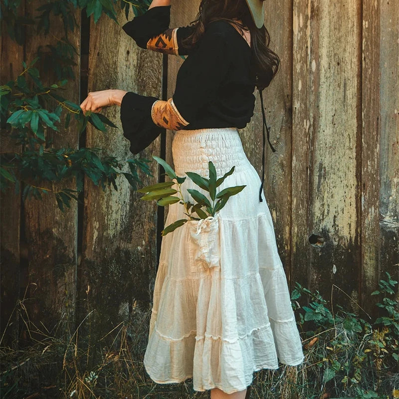 Comfortable commuting pleated elastic waist casual daily skirt Bohemian loose solid color long pocket skirt - DreadLocos Shop
