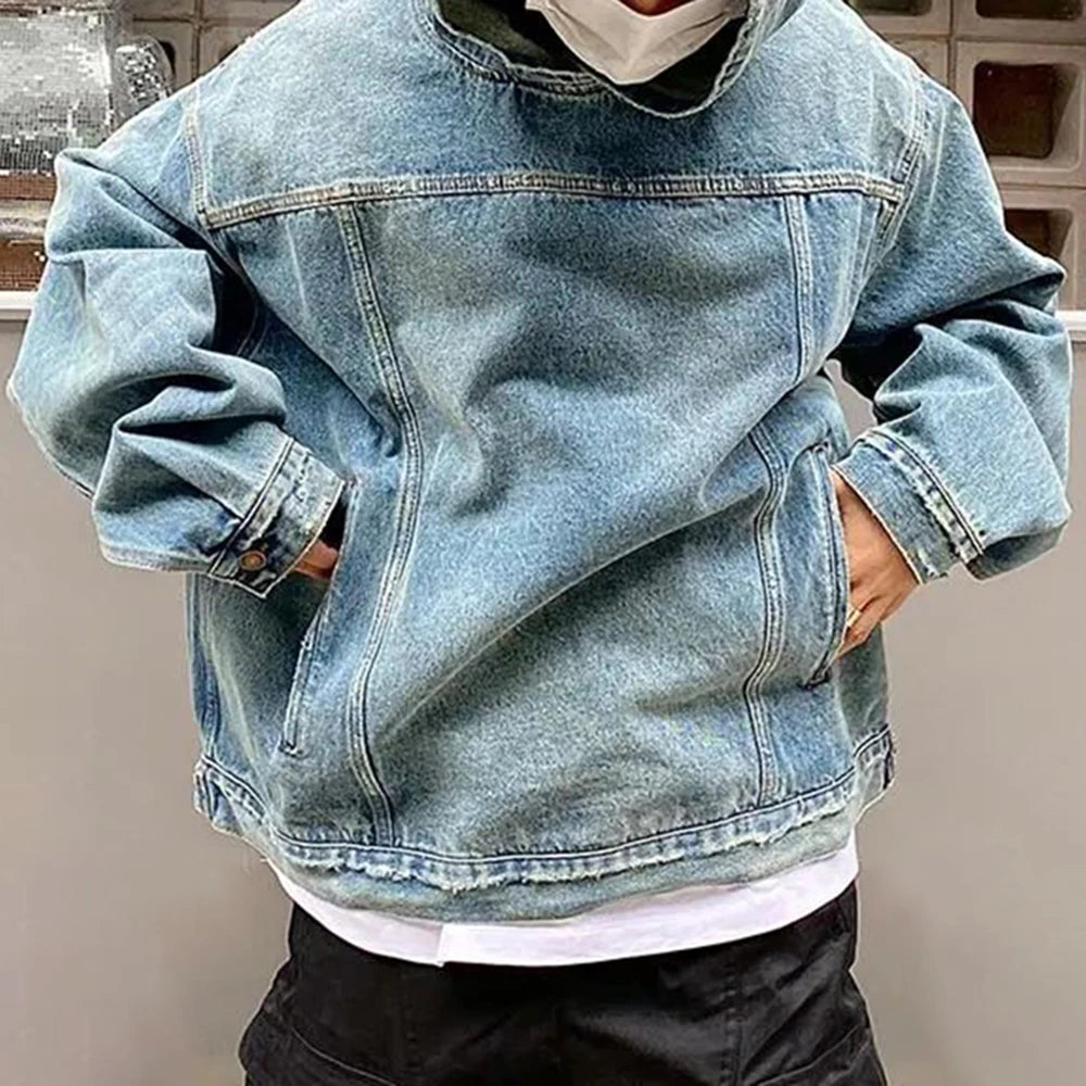 Mens Denim Washed Distressed Retro Hoodie - DreadLocos Shop