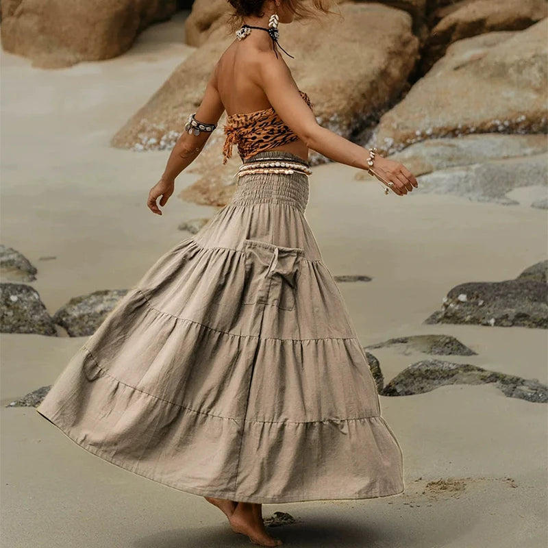 Comfortable commuting pleated elastic waist casual daily skirt Bohemian loose solid color long pocket skirt - DreadLocos Shop