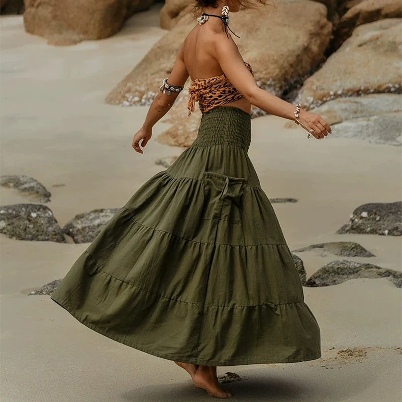 Comfortable commuting pleated elastic waist casual daily skirt Bohemian loose solid color long pocket skirt - DreadLocos Shop