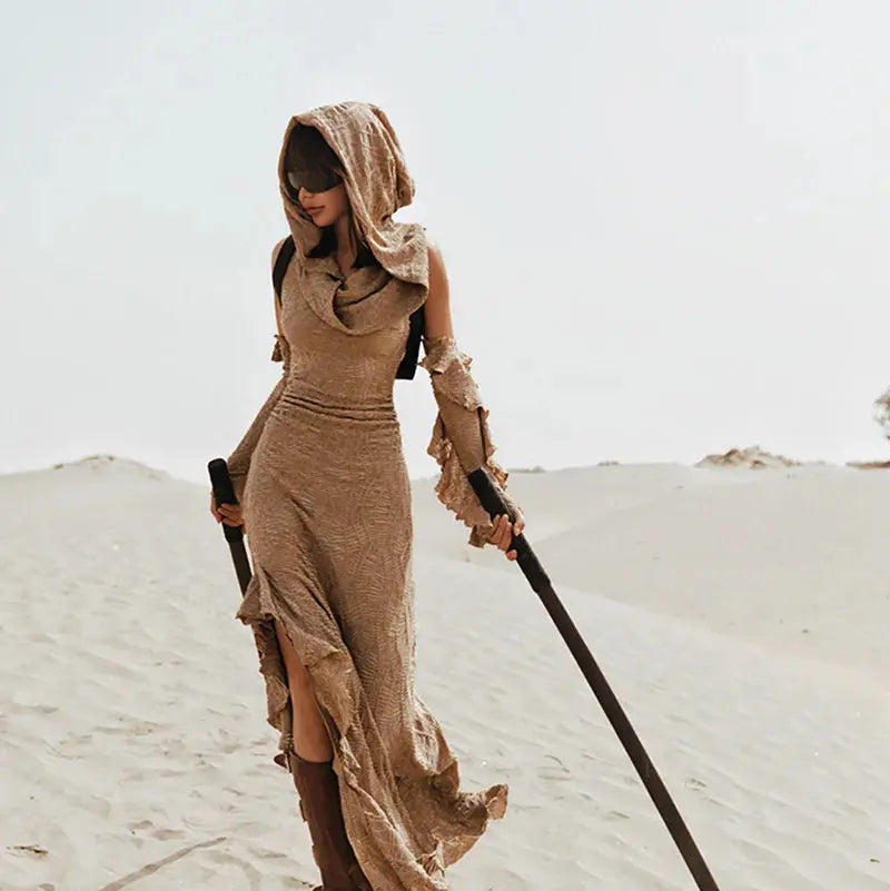 2 Pieces Set Women's Jacquard Knit Hooded Dress+Oversleeves Sets Desert DreadLocos Shop