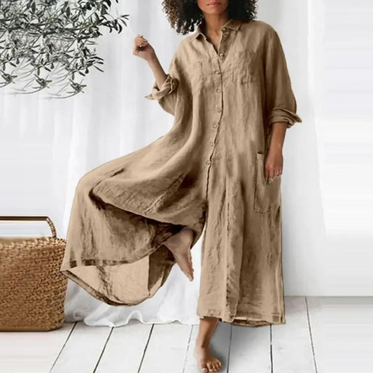 Oversized Damen-Jumpsuit aus Baumwolle und Leinen mit Knöpfen