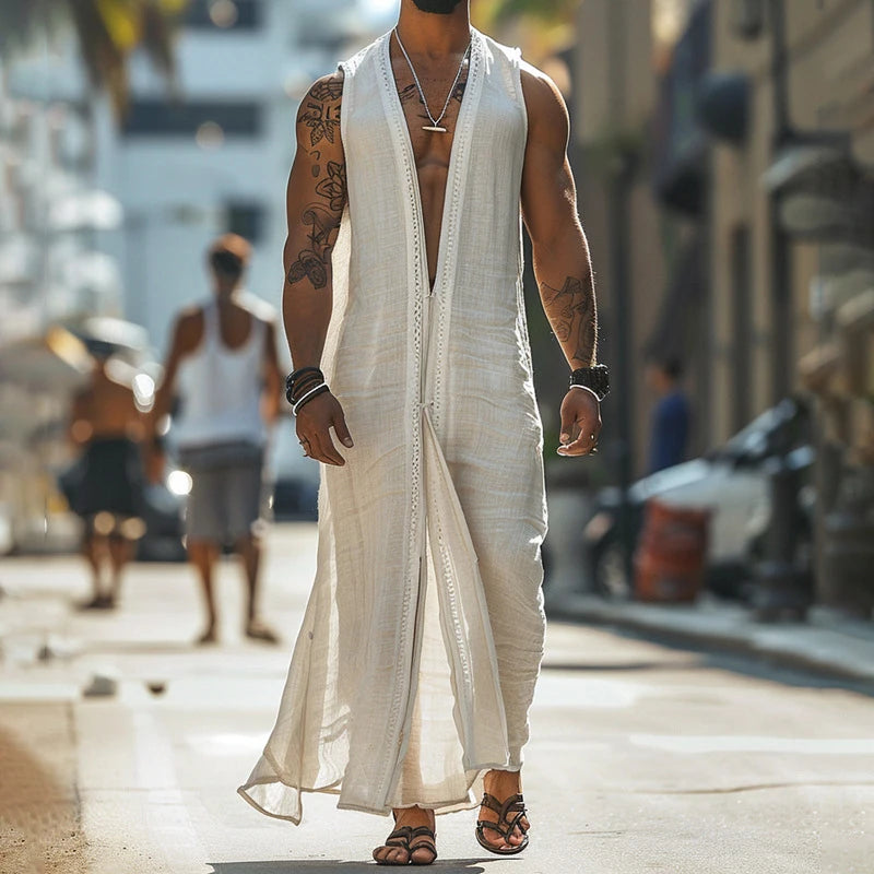 Kaftan Men Cardigan Vintage V Neck Sleeveless