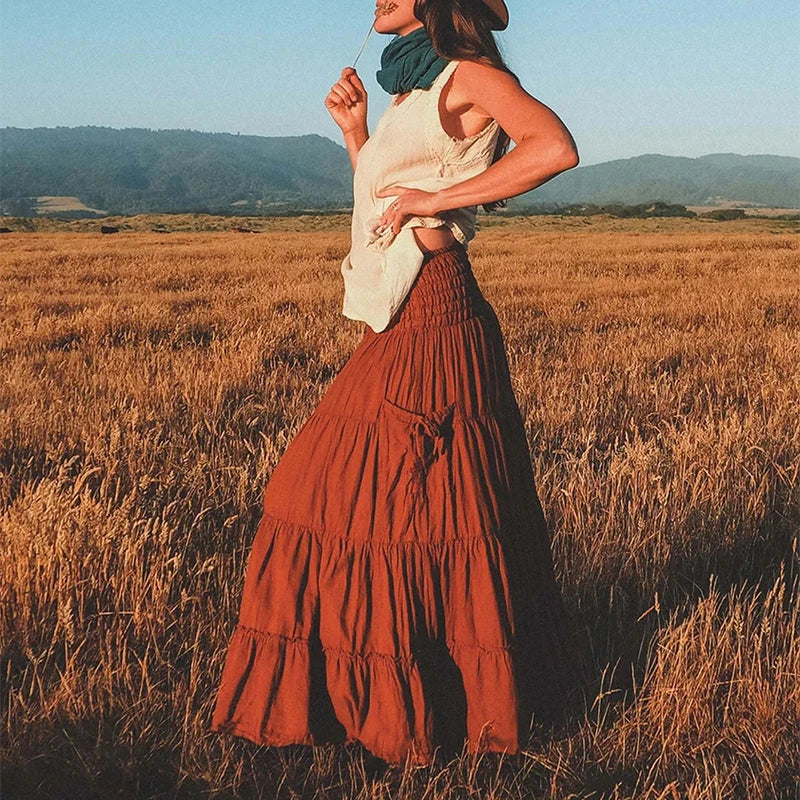 Comfortable commuting pleated elastic waist casual daily skirt Bohemian loose solid color long pocket skirt - DreadLocos Shop