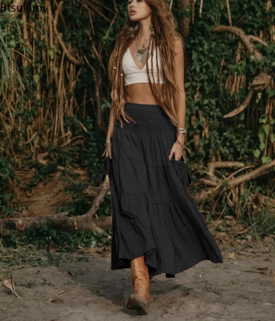 New Women's Boho Tiered A-Line Skirts Women Forest Fairy Pockets Patchwork Skirt Elastic Waist Vintage Hippie Casual Maxi Skirts - DreadLocos Shop