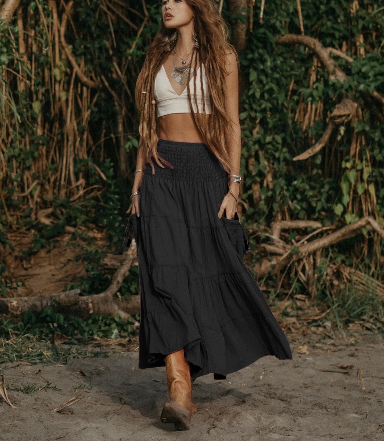 New Women's Boho Tiered A-Line Skirts Women Forest Fairy Pockets Patchwork Skirt Elastic Waist Vintage Hippie Casual Maxi Skirts - DreadLocos Shop