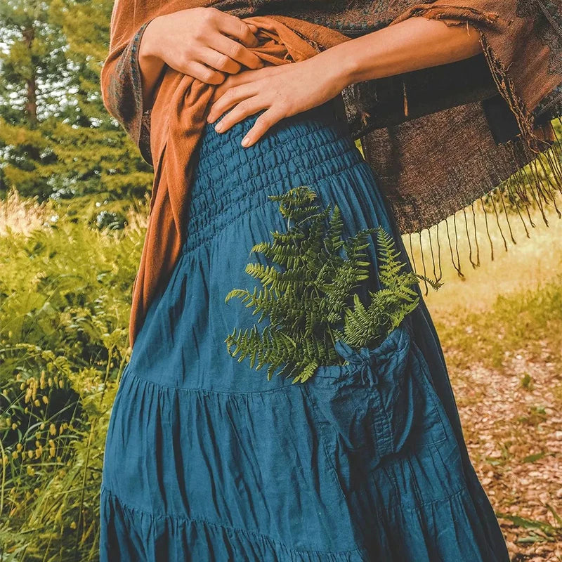 Comfortable commuting pleated elastic waist casual daily skirt Bohemian loose solid color long pocket skirt - DreadLocos Shop