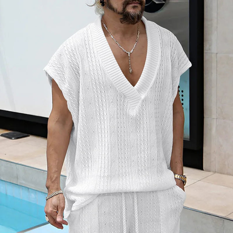 Large Men's Casual V-neck Loose Jacquard Knitwear Sleeveless Tank Top - DreadLocos Shop
