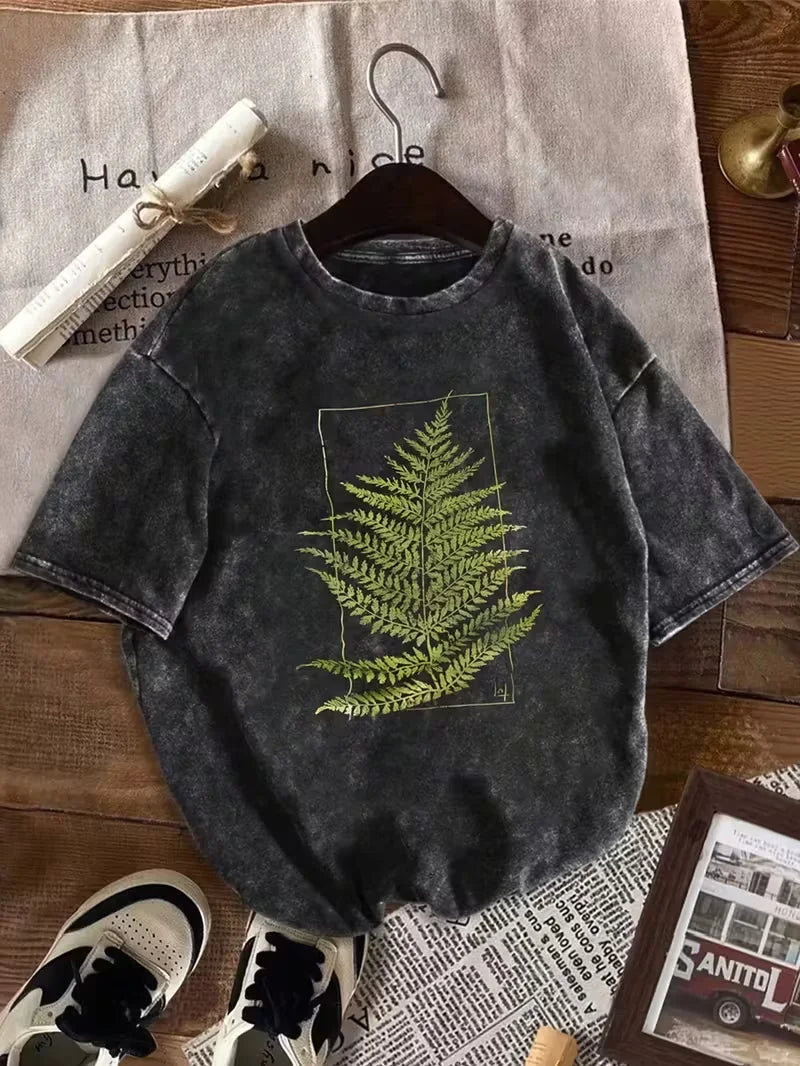 Vintage Washed T-shirt with Fern Leaf 100% Cotton