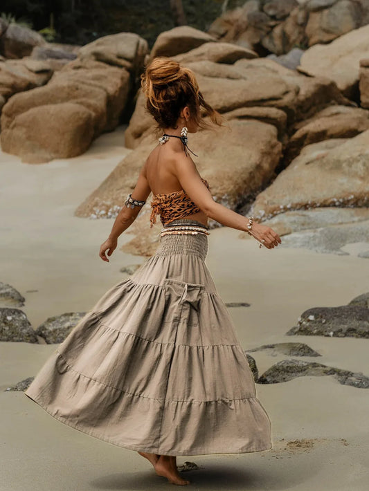 New Women's Boho Tiered A-Line Skirts Women Forest Fairy Pockets Patchwork Skirt Elastic Waist Vintage Hippie Casual Maxi Skirts - DreadLocos Shop