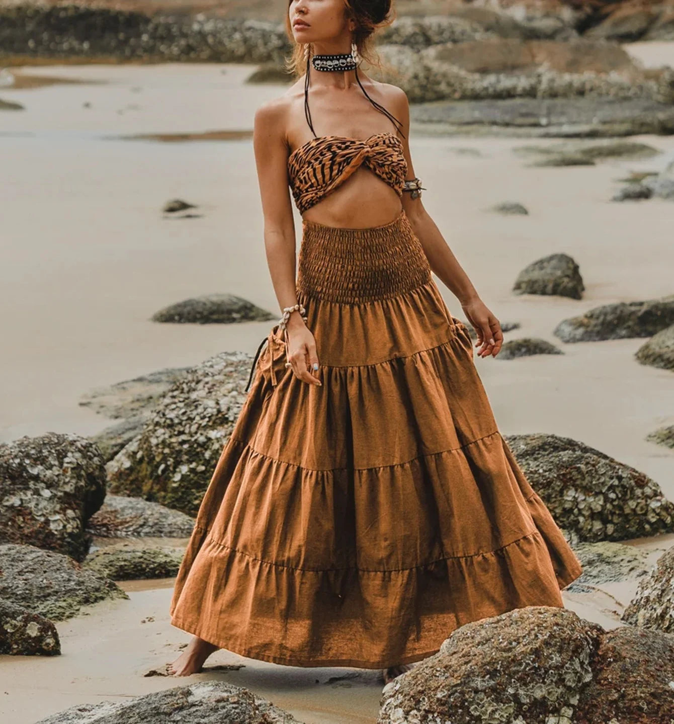 New Women's Boho Tiered A-Line Skirts Women Forest Fairy Pockets Patchwork Skirt Elastic Waist Vintage Hippie Casual Maxi Skirts - DreadLocos Shop