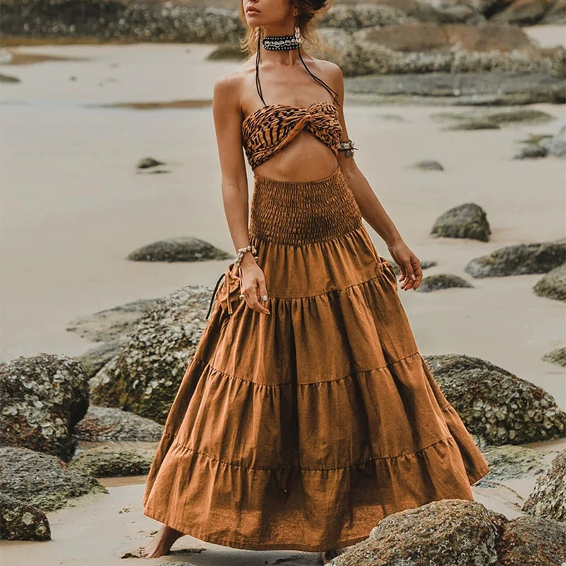 Comfortable commuting pleated elastic waist casual daily skirt Bohemian loose solid color long pocket skirt - DreadLocos Shop