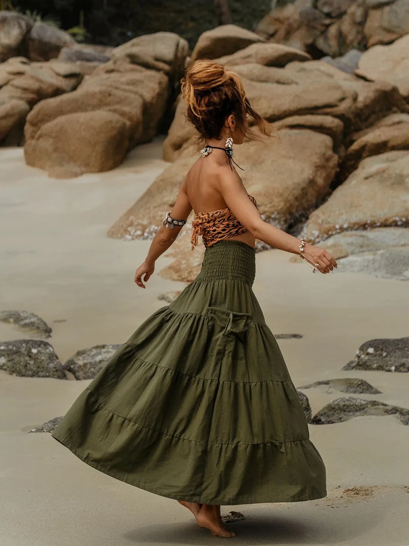 New Women's Boho Tiered A-Line Skirts Women Forest Fairy Pockets Patchwork Skirt Elastic Waist Vintage Hippie Casual Maxi Skirts - DreadLocos Shop