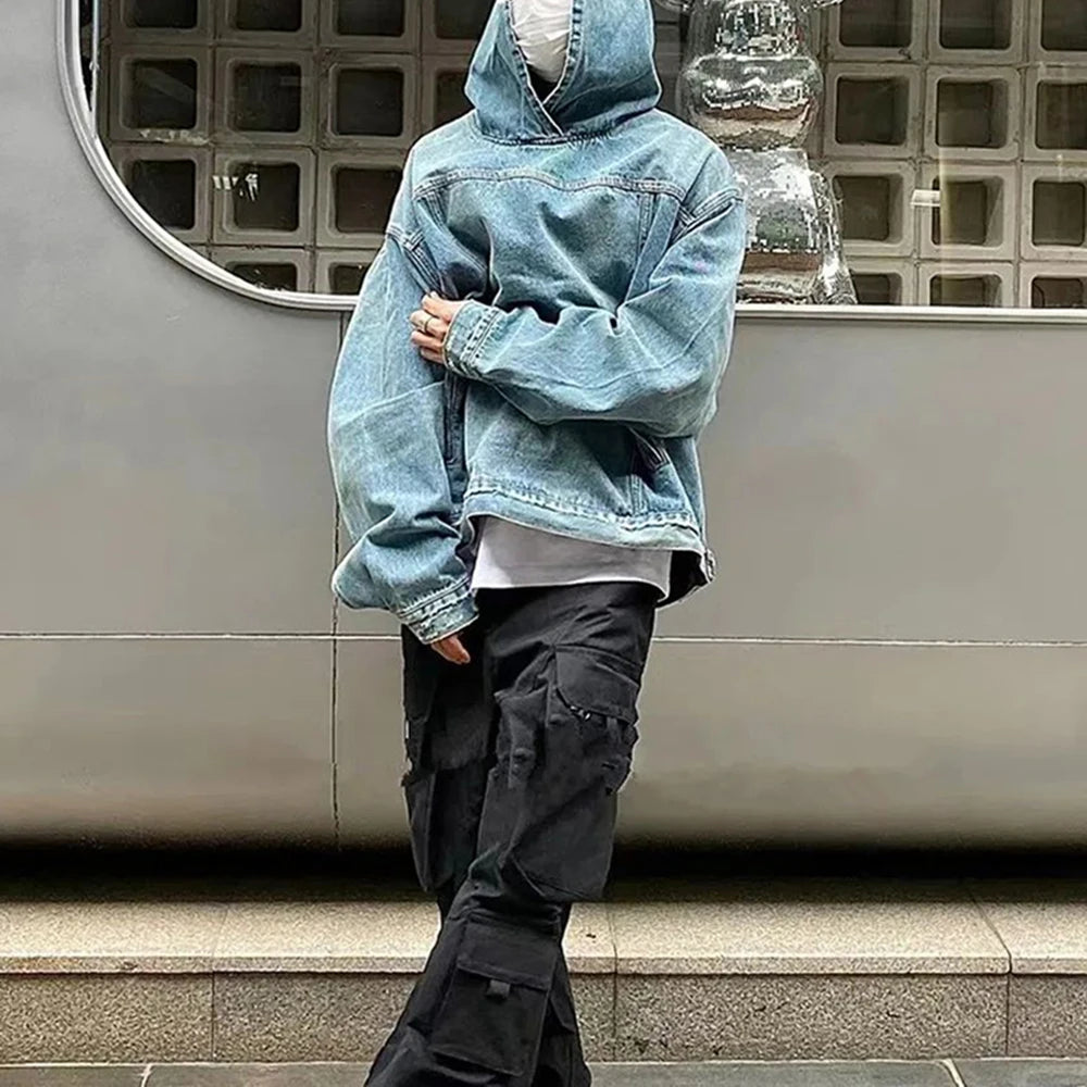 Mens Denim Washed Distressed Retro Hoodie - DreadLocos Shop