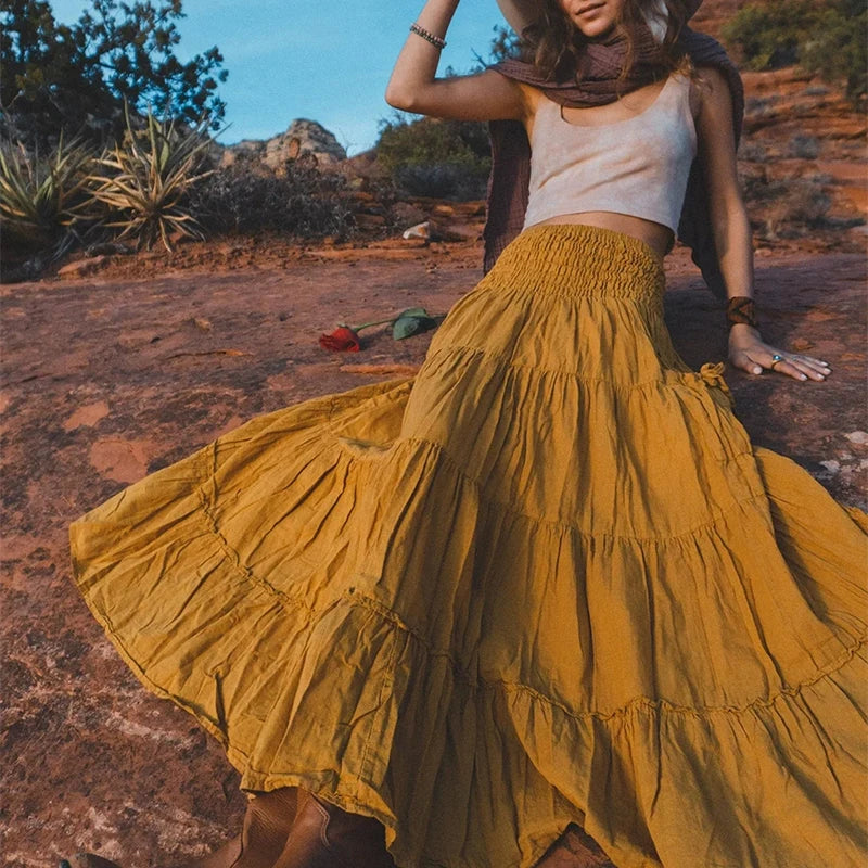 Comfortable commuting pleated elastic waist casual daily skirt Bohemian loose solid color long pocket skirt - DreadLocos Shop