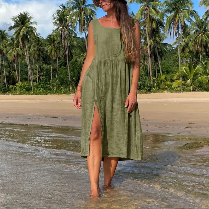 100% Baumwollkleid – Quadratischer Ausschnitt, Ärmellos, Seitlich Offen, Lang