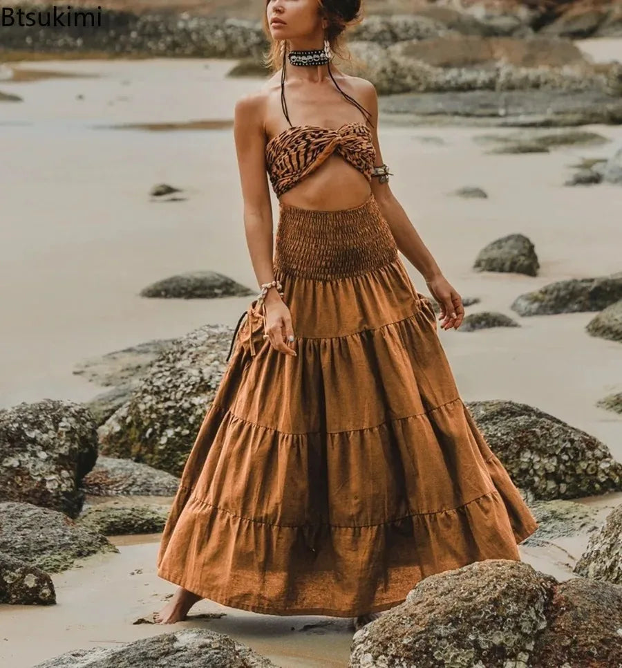 New Women's Boho Tiered A-Line Skirts Women Forest Fairy Pockets Patchwork Skirt Elastic Waist Vintage Hippie Casual Maxi Skirts - DreadLocos Shop