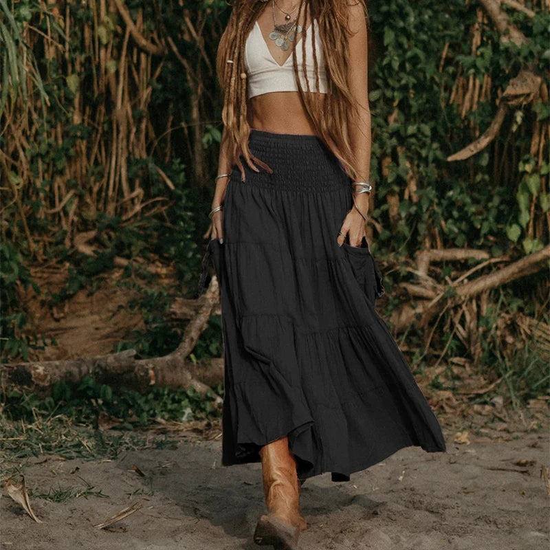 Comfortable commuting pleated elastic waist casual daily skirt Bohemian loose solid color long pocket skirt - DreadLocos Shop