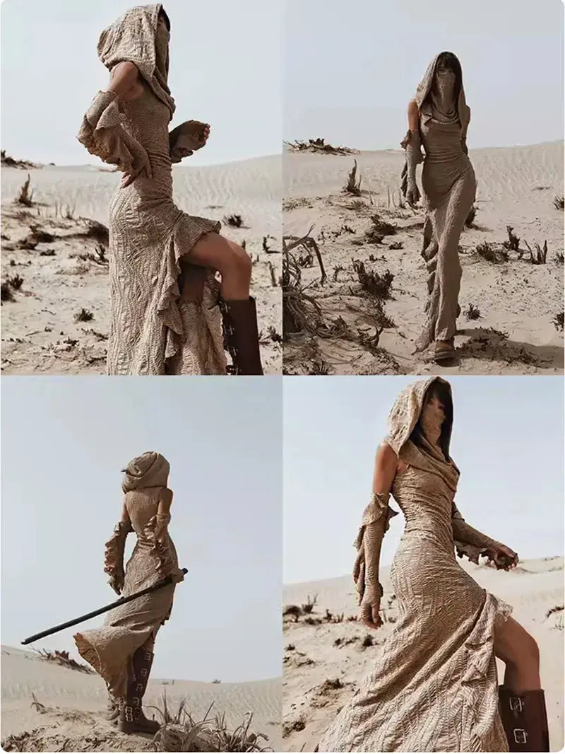 2 Pieces Set Women's Jacquard Knit Hooded Dress+Oversleeves Sets Desert DreadLocos Shop