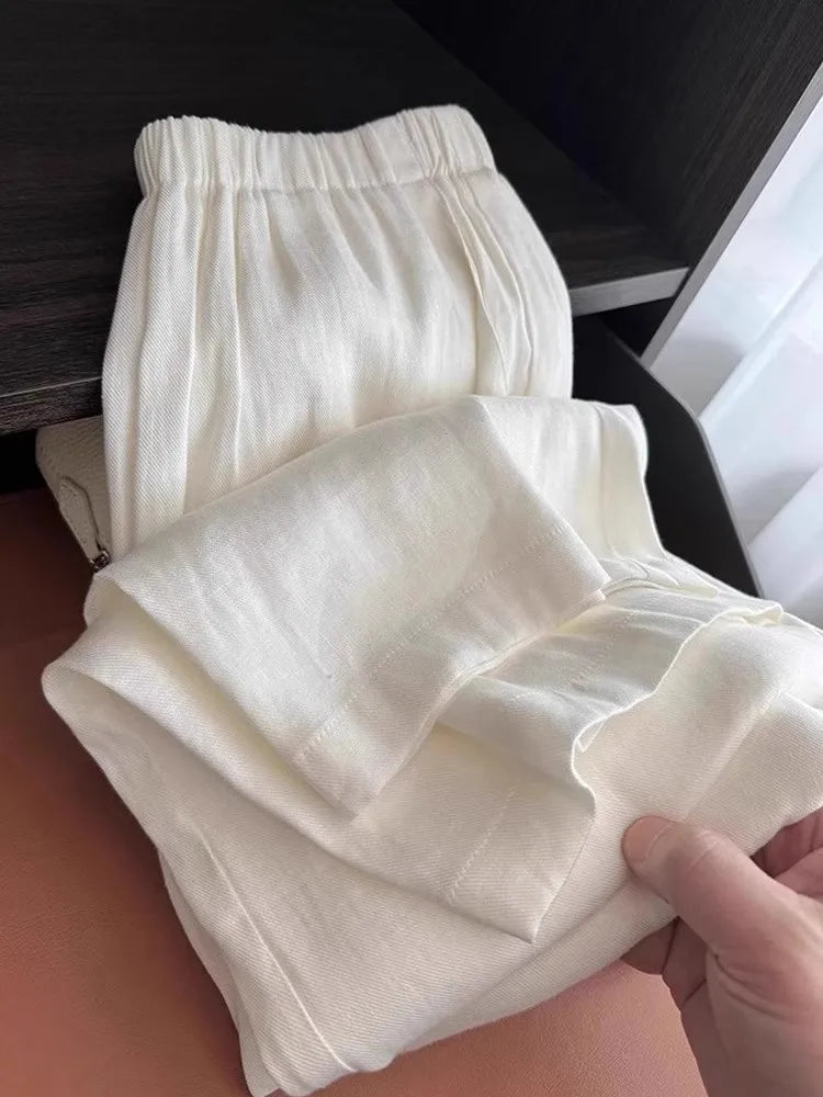 White Cotton and Linen Wide-leg Pants