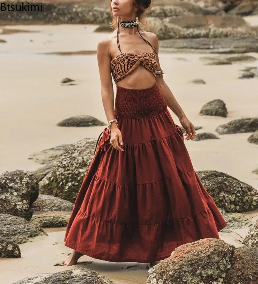 New Women's Boho Tiered A-Line Skirts Women Forest Fairy Pockets Patchwork Skirt Elastic Waist Vintage Hippie Casual Maxi Skirts - DreadLocos Shop