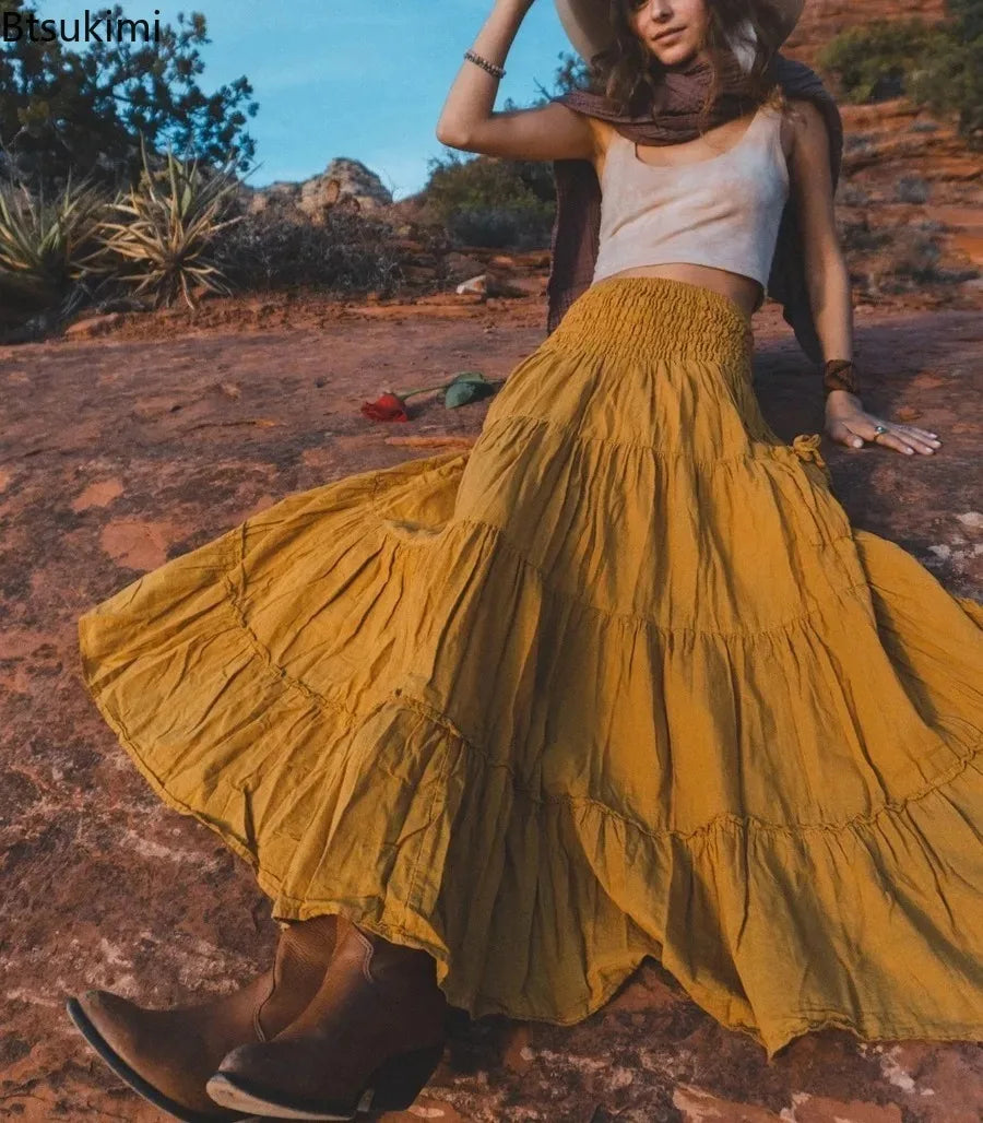 New Women's Boho Tiered A-Line Skirts Women Forest Fairy Pockets Patchwork Skirt Elastic Waist Vintage Hippie Casual Maxi Skirts - DreadLocos Shop