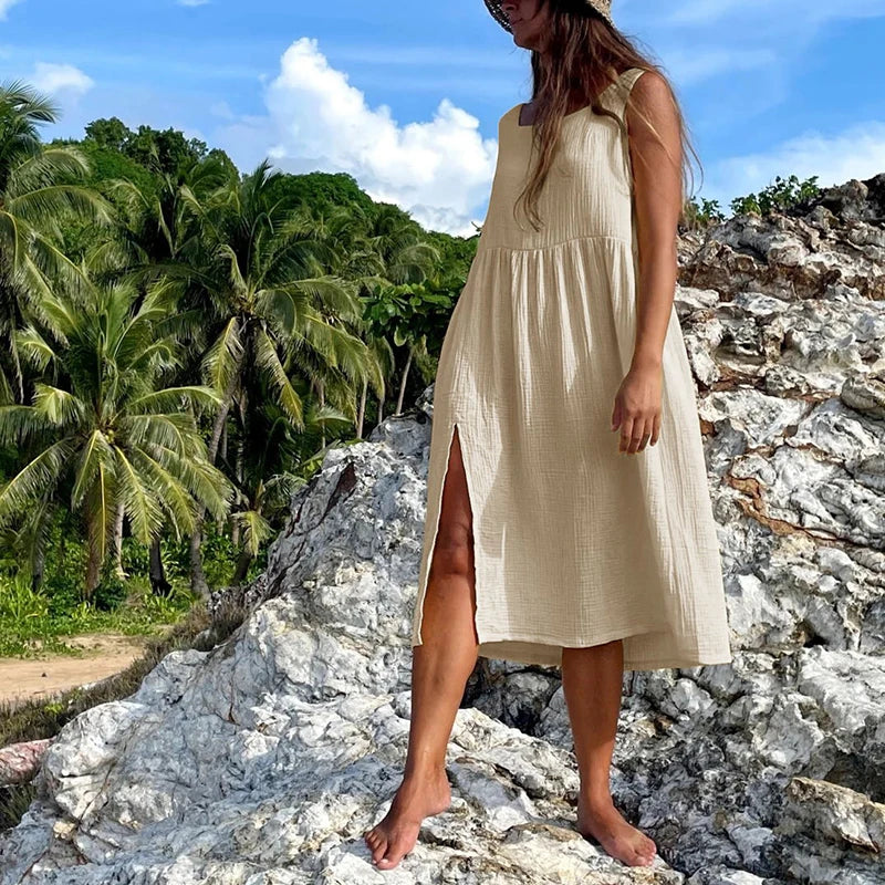 100% Baumwollkleid – Quadratischer Ausschnitt, Ärmellos, Seitlich Offen, Lang