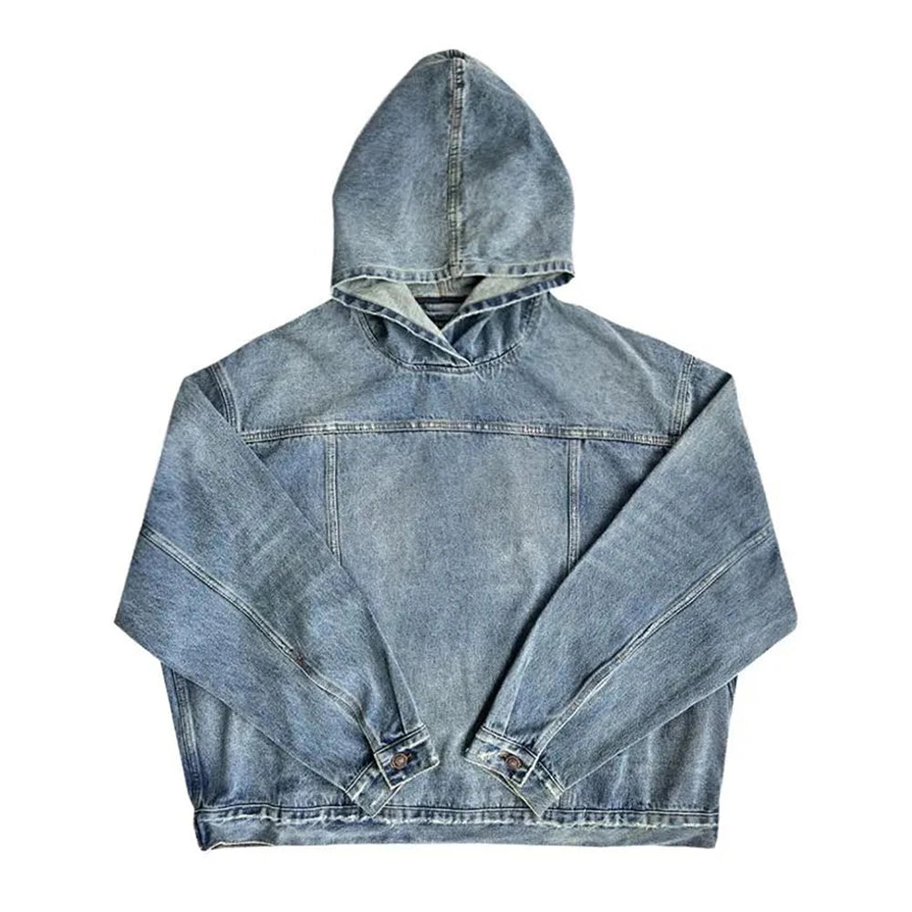 Mens Denim Washed Distressed Retro Hoodie - DreadLocos Shop