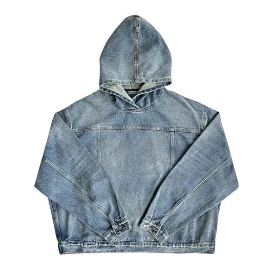 Mens Denim Washed Distressed Retro Hoodie - DreadLocos Shop