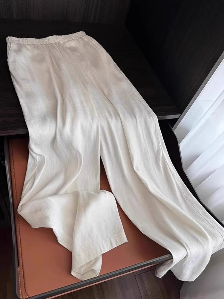 White Cotton and Linen Wide-leg Pants