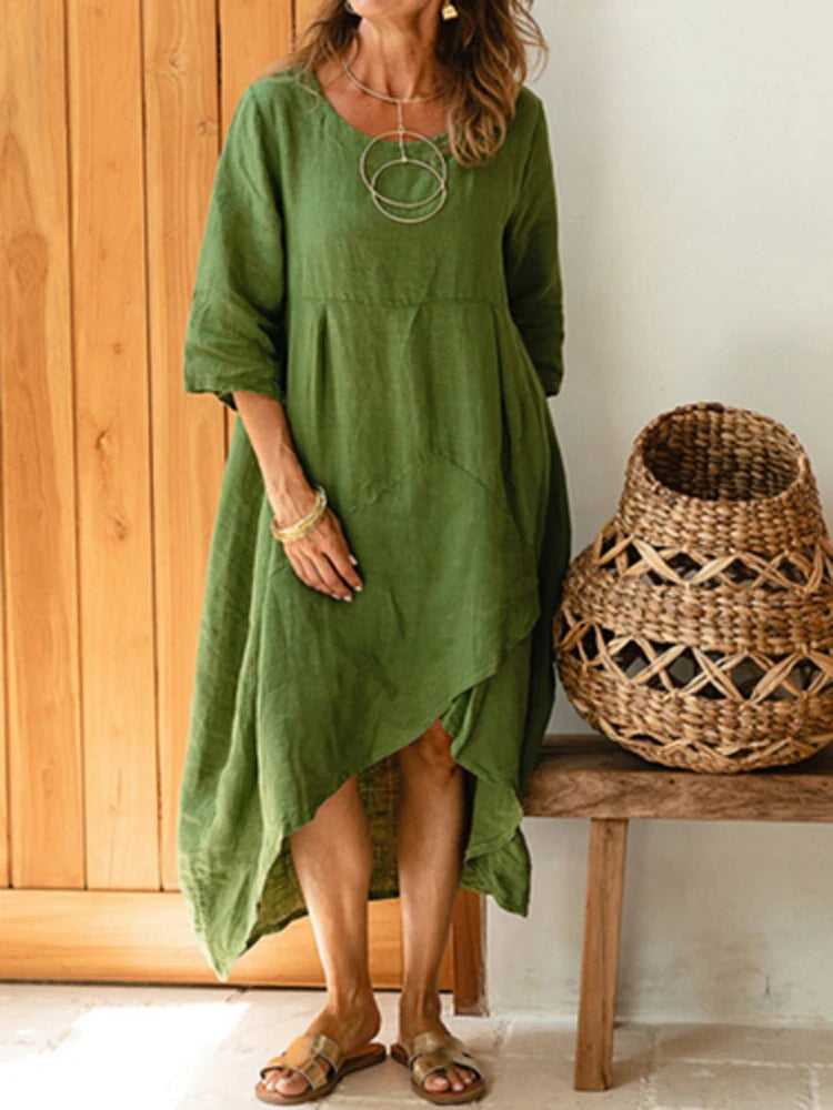 Hippie Casual Leinenkleid mit 3/4-Ärmeln