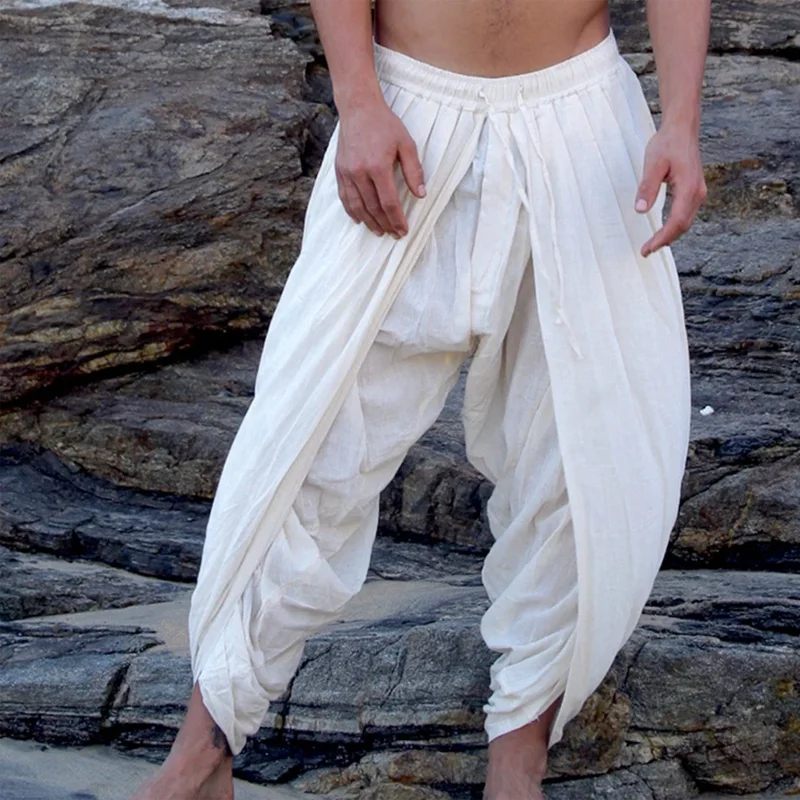 Men's Casual loose White Pleated Pants Drawstring Bound