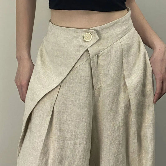 Loose-fit Hemp Linen Wrapped Trousers for Women